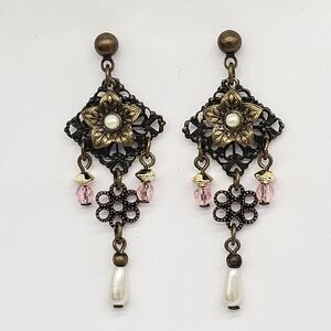 Vintage Avon Flower Earrings Pink Dangle Chandelier Rhinestone NOS NWT Victorian